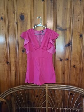 SHEIN Hot Pink Ruffle Sleeve V-Neck Romper